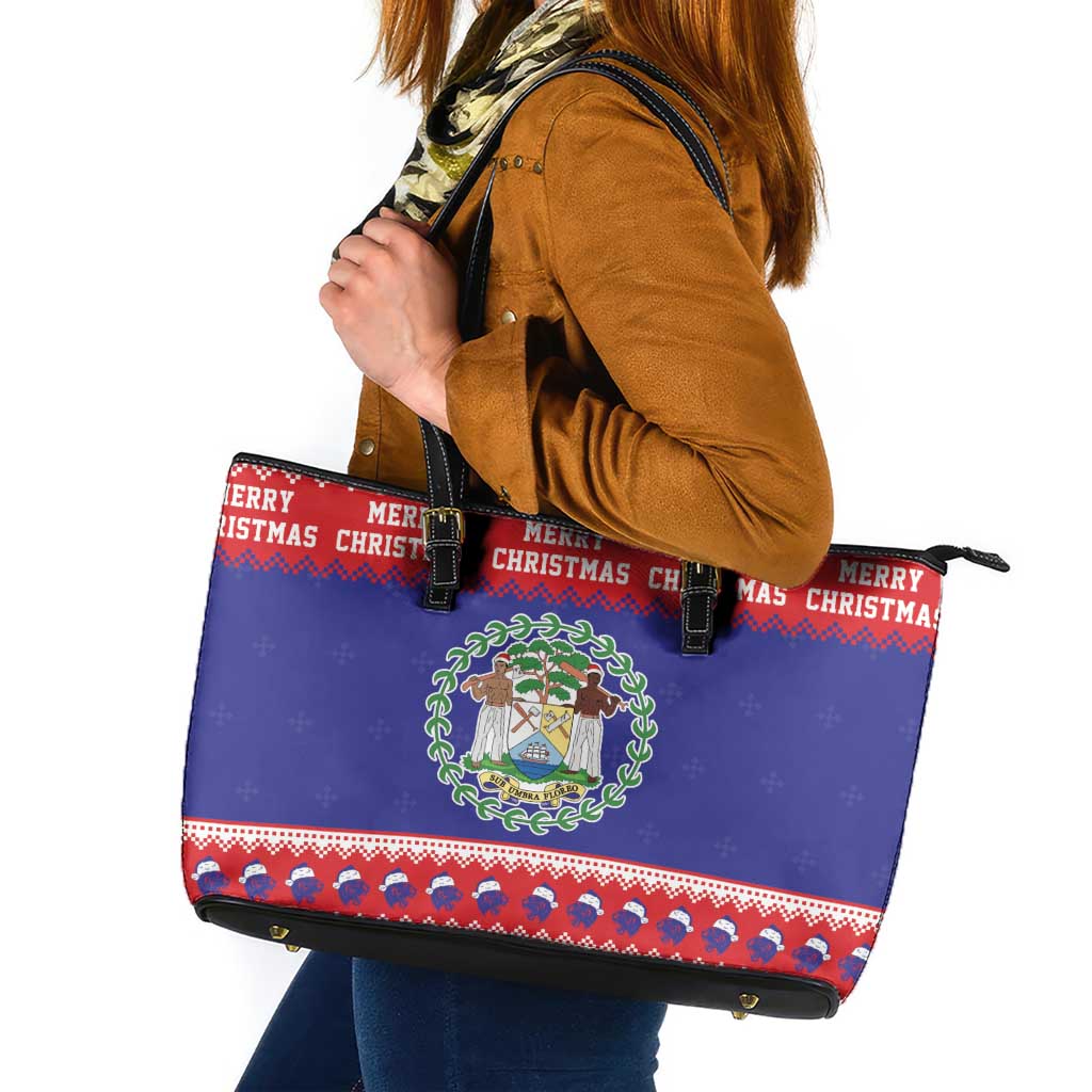 Belize Christmas Leather Tote Bag Coat Of Arms Merry Xmas - Wonder Print Shop