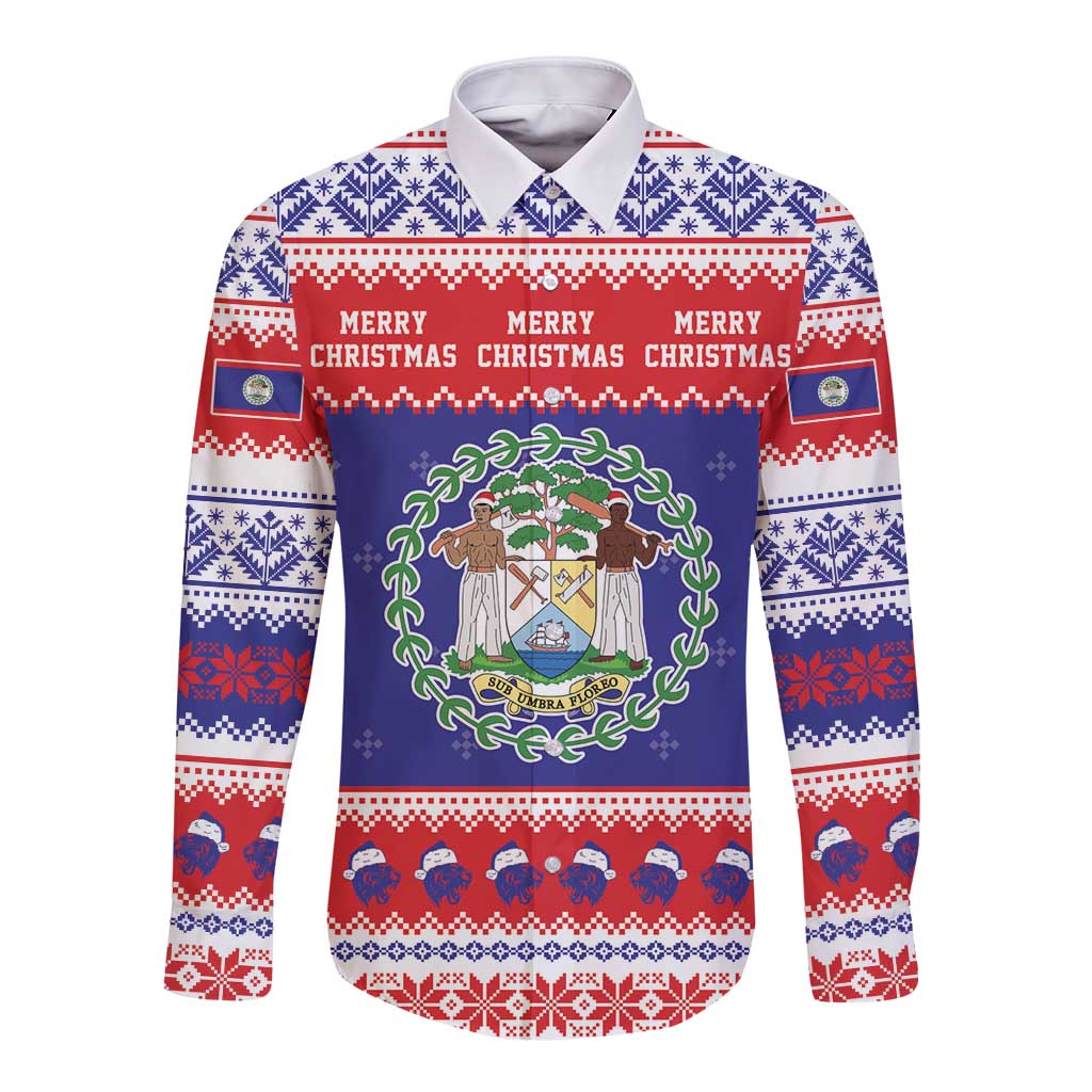 Belize Christmas Long Sleeve Button Shirt Coat Of Arms Merry Xmas - Wonder Print Shop