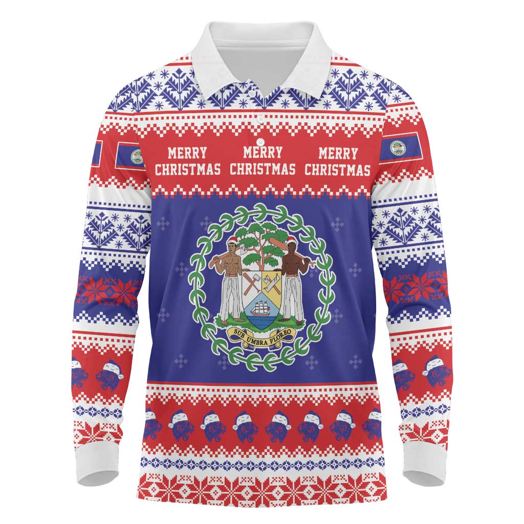 Belize Christmas Long Sleeve Polo Shirt Coat Of Arms Merry Xmas - Wonder Print Shop