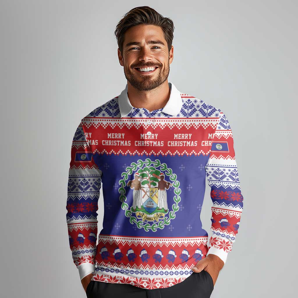 Belize Christmas Long Sleeve Polo Shirt Coat Of Arms Merry Xmas - Wonder Print Shop