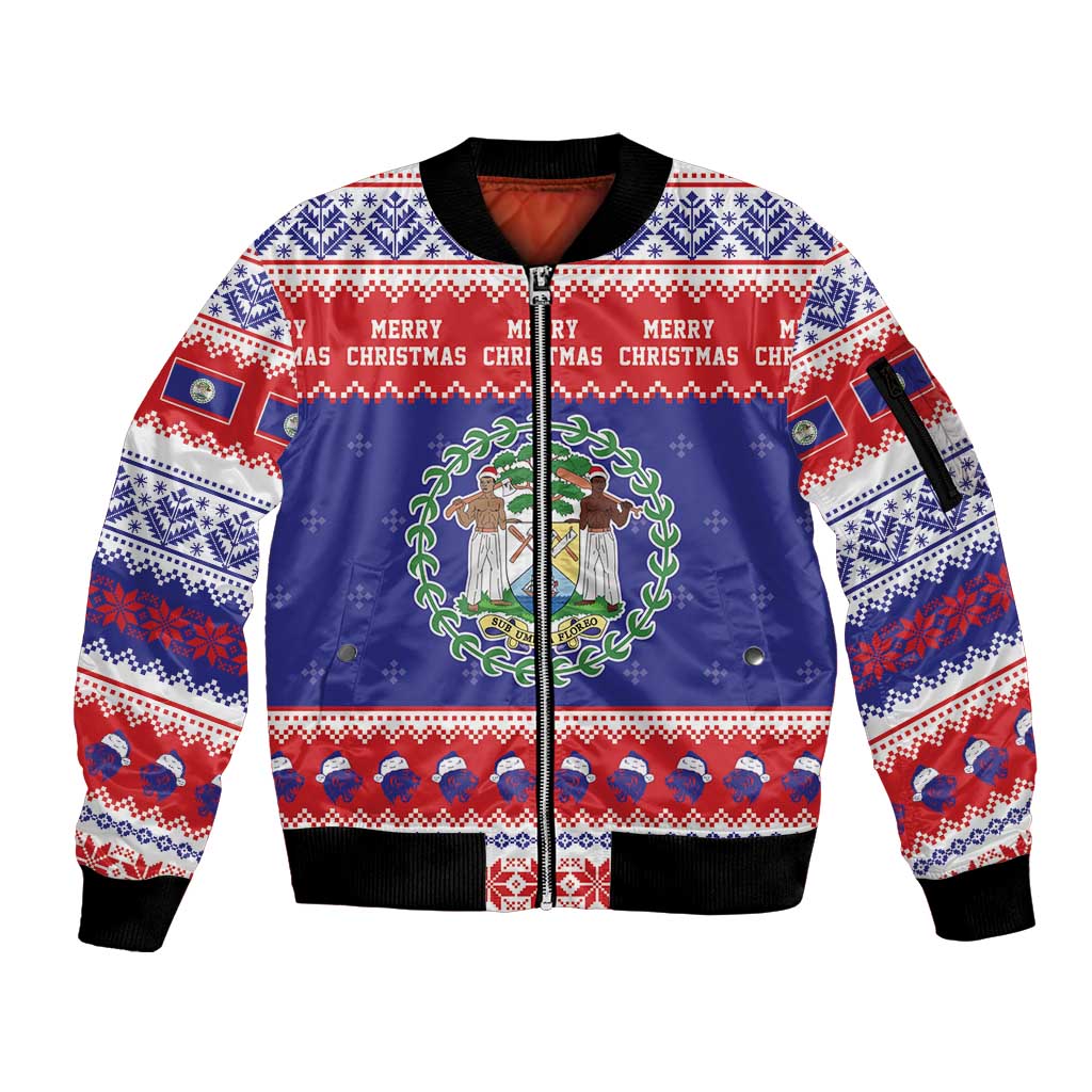 Belize Christmas Sleeve Zip Bomber Jacket Coat Of Arms Merry Xmas - Wonder Print Shop