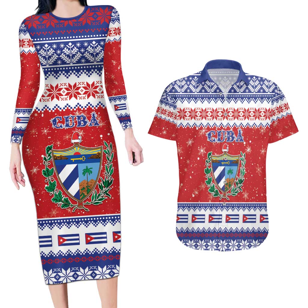Personalized Cuba Christmas Couples Matching Long Sleeve Bodycon Dress and Hawaiian Shirt Coat Of Arms Xmas Vibe - Wonder Print Shop