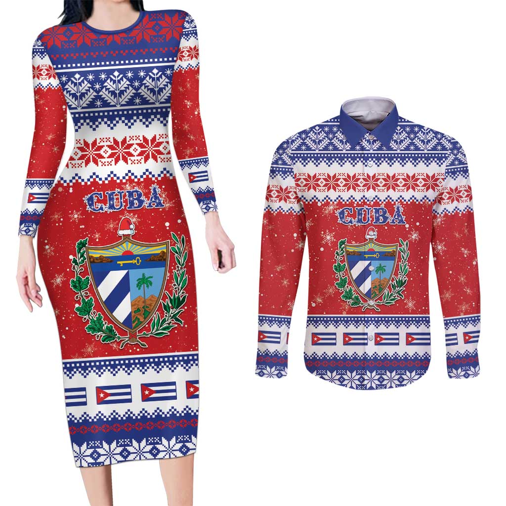 Personalized Cuba Christmas Couples Matching Long Sleeve Bodycon Dress and Long Sleeve Button Shirt Coat Of Arms Xmas Vibe - Wonder Print Shop