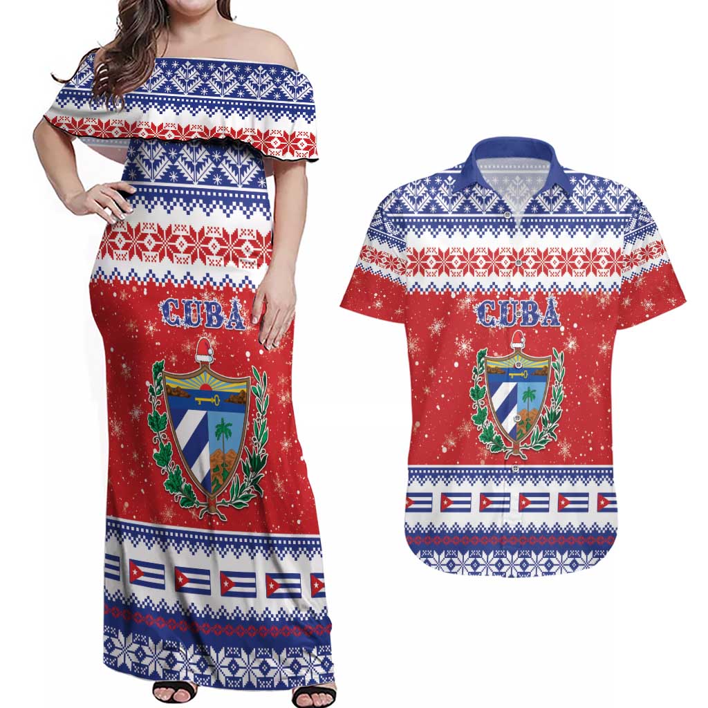 Personalized Cuba Christmas Couples Matching Off Shoulder Maxi Dress and Hawaiian Shirt Coat Of Arms Xmas Vibe - Wonder Print Shop