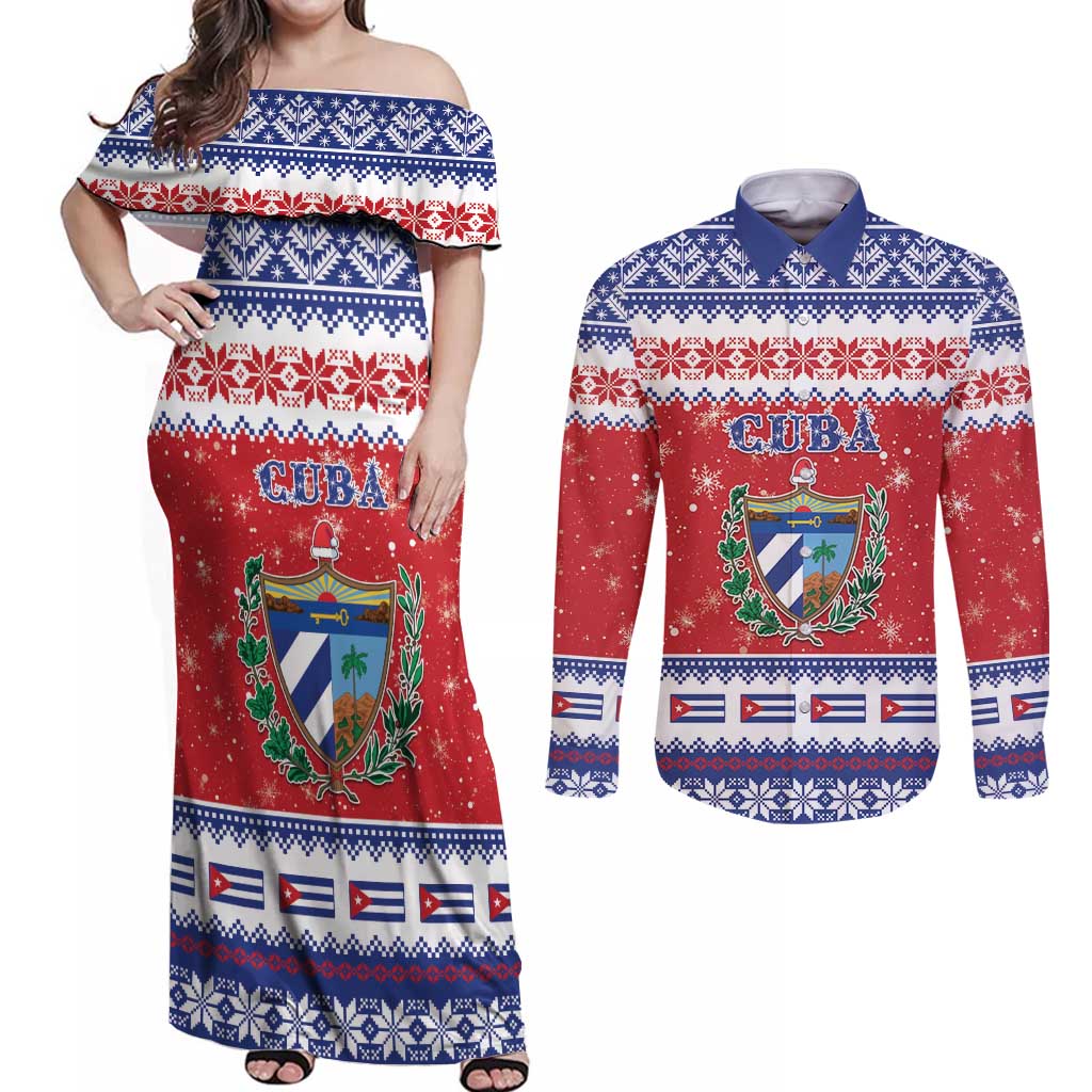 Personalized Cuba Christmas Couples Matching Off Shoulder Maxi Dress and Long Sleeve Button Shirt Coat Of Arms Xmas Vibe - Wonder Print Shop