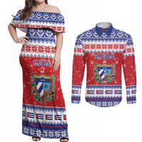 Personalized Cuba Christmas Couples Matching Off Shoulder Maxi Dress and Long Sleeve Button Shirt Coat Of Arms Xmas Vibe - Wonder Print Shop