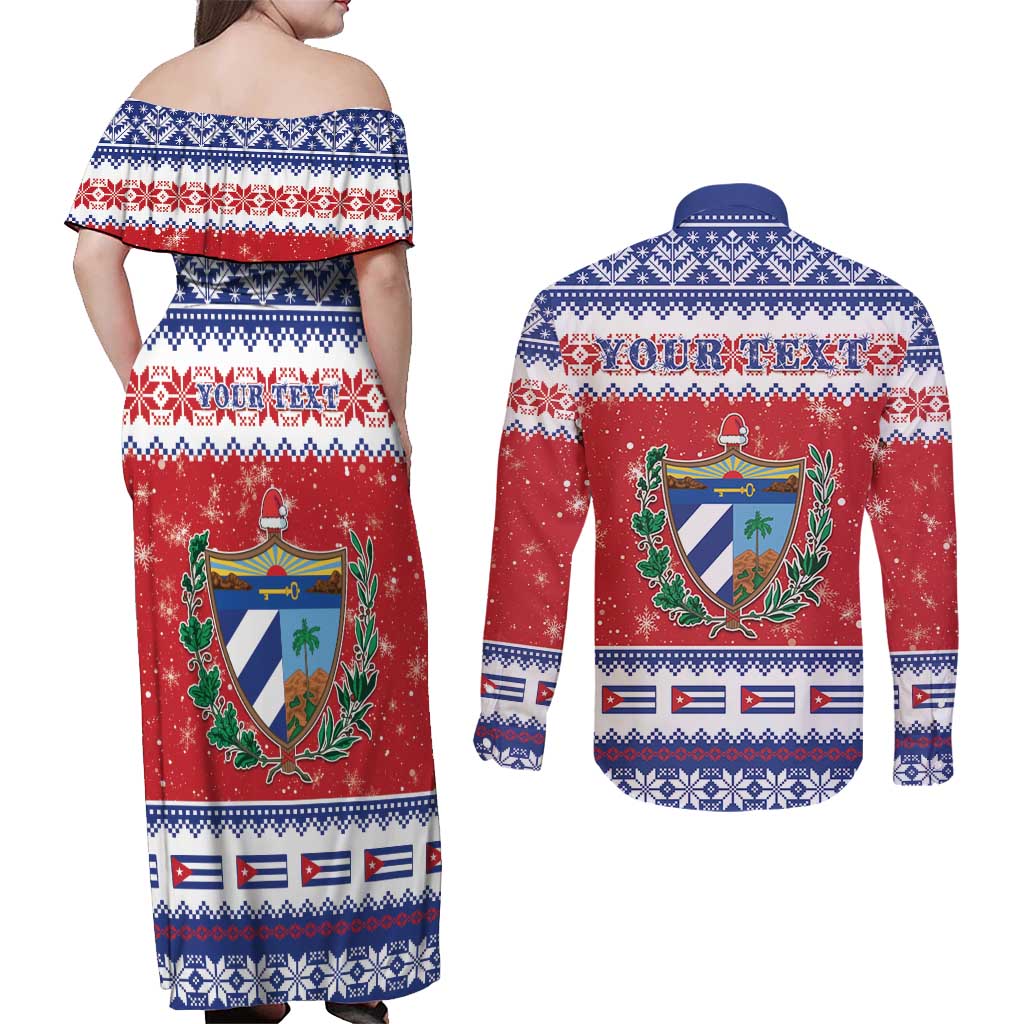 Personalized Cuba Christmas Couples Matching Off Shoulder Maxi Dress and Long Sleeve Button Shirt Coat Of Arms Xmas Vibe - Wonder Print Shop