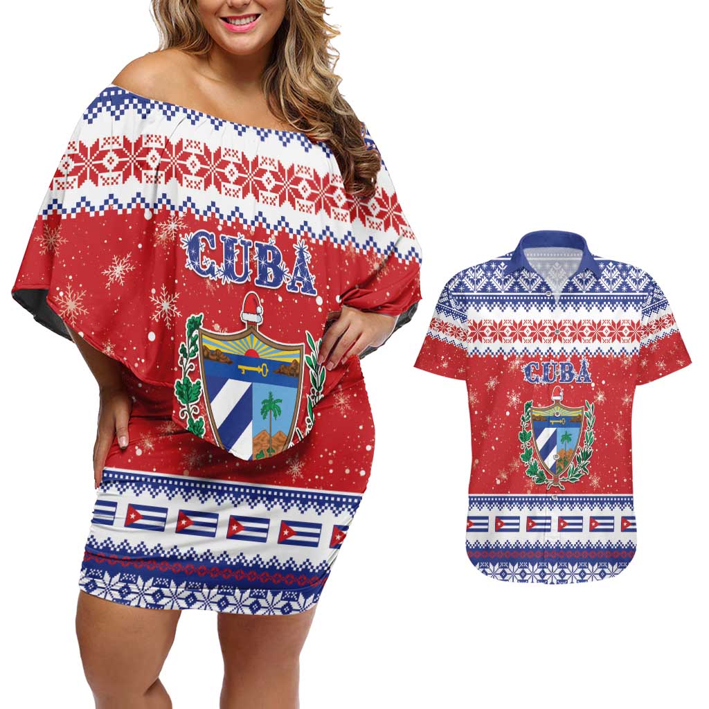 Personalized Cuba Christmas Couples Matching Off Shoulder Short Dress and Hawaiian Shirt Coat Of Arms Xmas Vibe - Wonder Print Shop