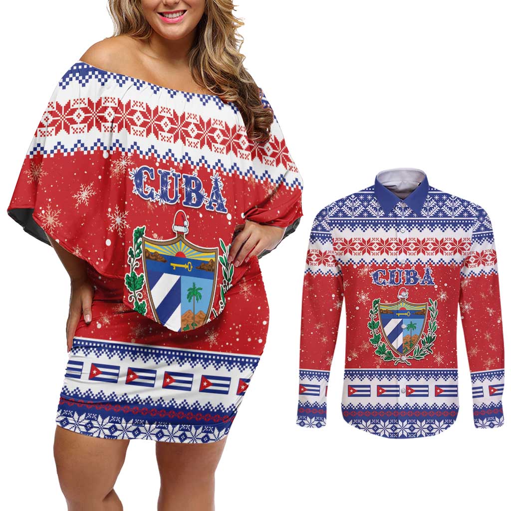 Personalized Cuba Christmas Couples Matching Off Shoulder Short Dress and Long Sleeve Button Shirt Coat Of Arms Xmas Vibe - Wonder Print Shop