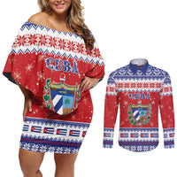 Personalized Cuba Christmas Couples Matching Off Shoulder Short Dress and Long Sleeve Button Shirt Coat Of Arms Xmas Vibe - Wonder Print Shop