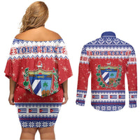 Personalized Cuba Christmas Couples Matching Off Shoulder Short Dress and Long Sleeve Button Shirt Coat Of Arms Xmas Vibe - Wonder Print Shop