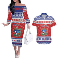 Personalized Cuba Christmas Couples Matching Off The Shoulder Long Sleeve Dress and Hawaiian Shirt Coat Of Arms Xmas Vibe - Wonder Print Shop