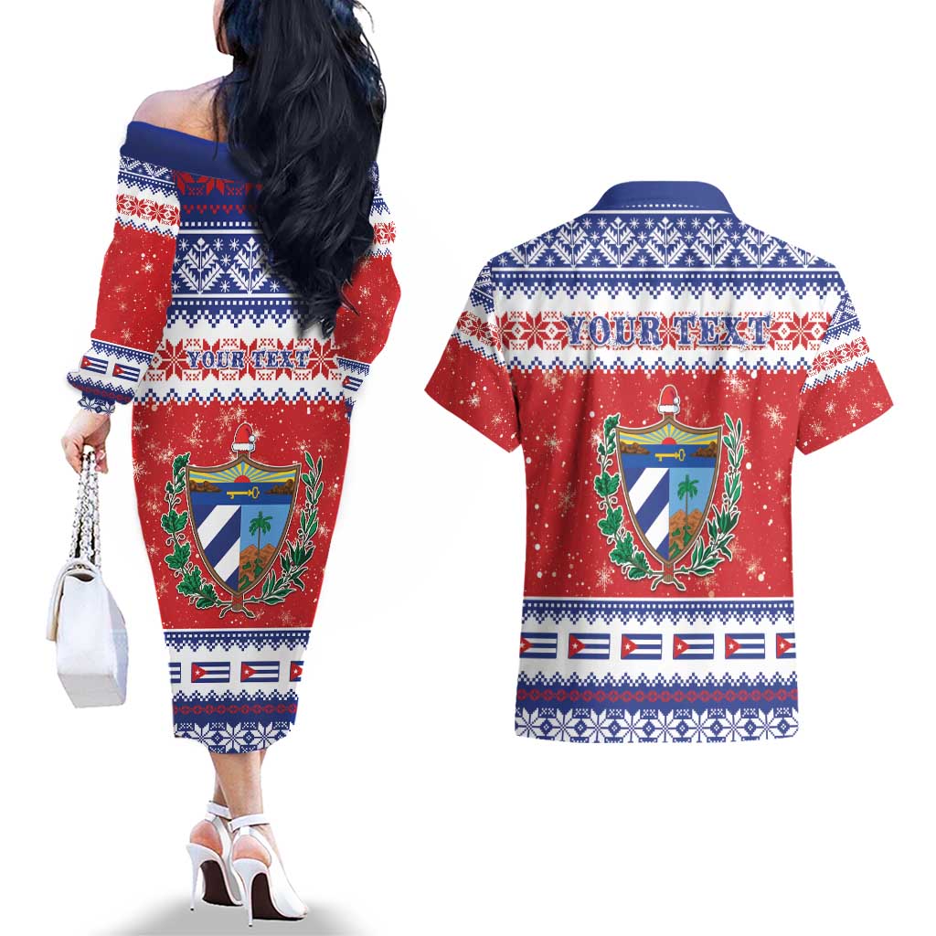 Personalized Cuba Christmas Couples Matching Off The Shoulder Long Sleeve Dress and Hawaiian Shirt Coat Of Arms Xmas Vibe - Wonder Print Shop