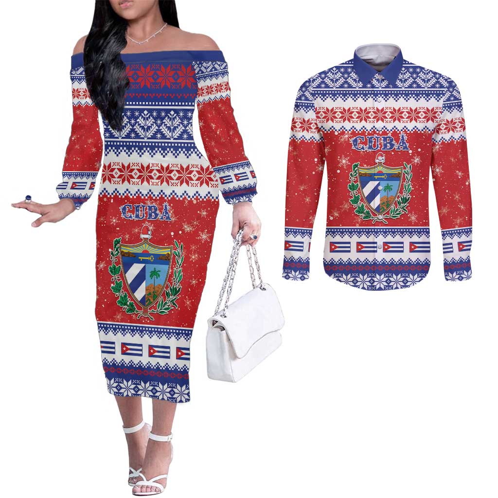 Personalized Cuba Christmas Couples Matching Off The Shoulder Long Sleeve Dress and Long Sleeve Button Shirt Coat Of Arms Xmas Vibe - Wonder Print Shop