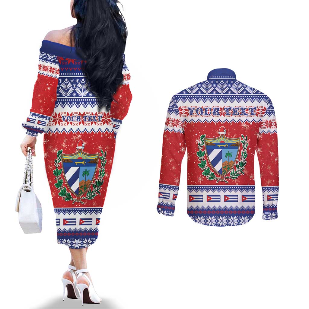 Personalized Cuba Christmas Couples Matching Off The Shoulder Long Sleeve Dress and Long Sleeve Button Shirt Coat Of Arms Xmas Vibe - Wonder Print Shop