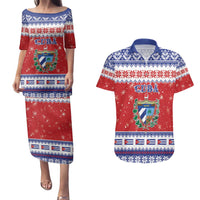 Personalized Cuba Christmas Couples Matching Puletasi and Hawaiian Shirt Coat Of Arms Xmas Vibe - Wonder Print Shop