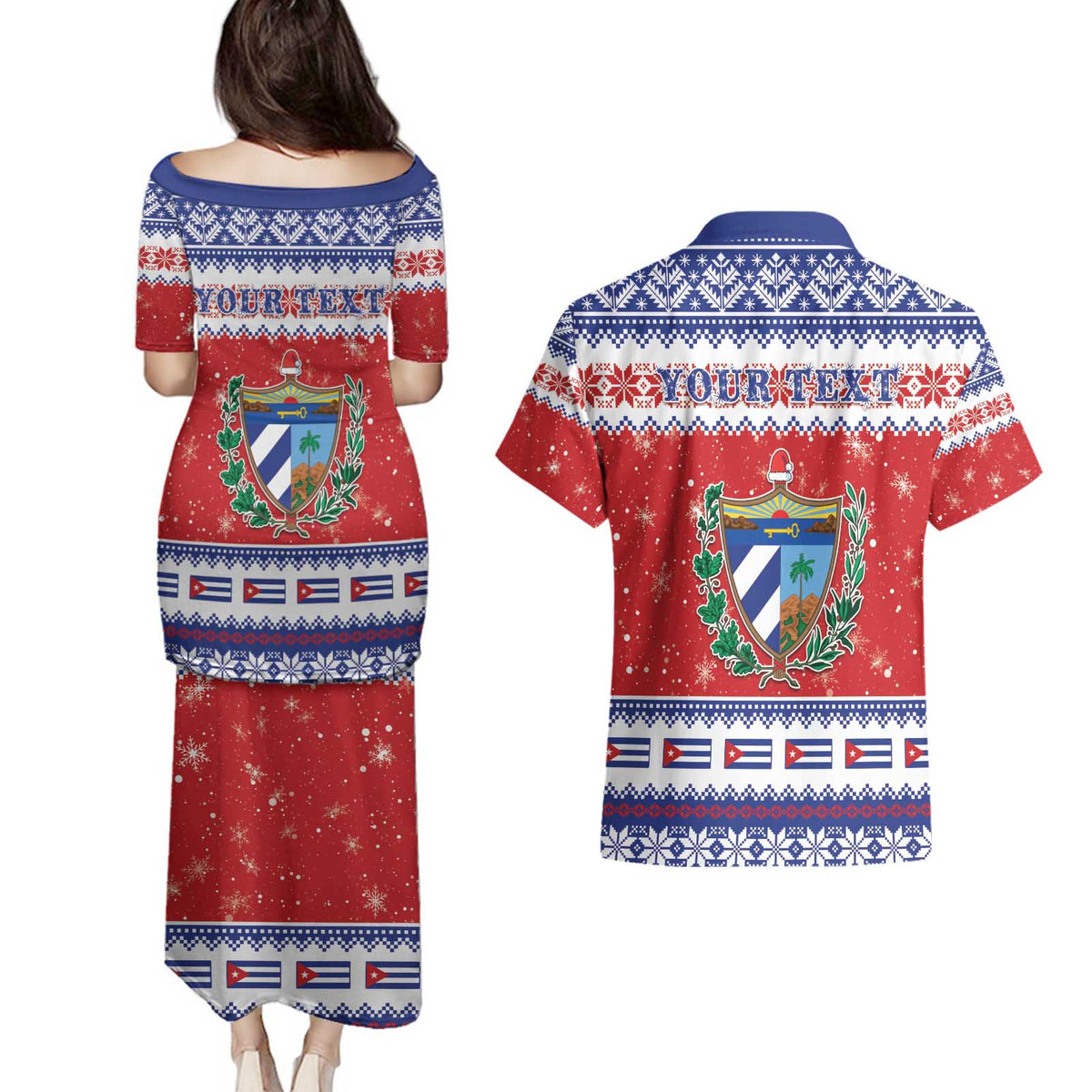Personalized Cuba Christmas Couples Matching Puletasi and Hawaiian Shirt Coat Of Arms Xmas Vibe - Wonder Print Shop