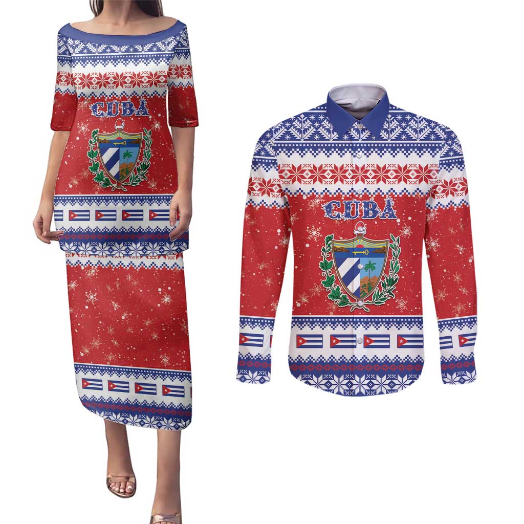 Personalized Cuba Christmas Couples Matching Puletasi and Long Sleeve Button Shirt Coat Of Arms Xmas Vibe - Wonder Print Shop