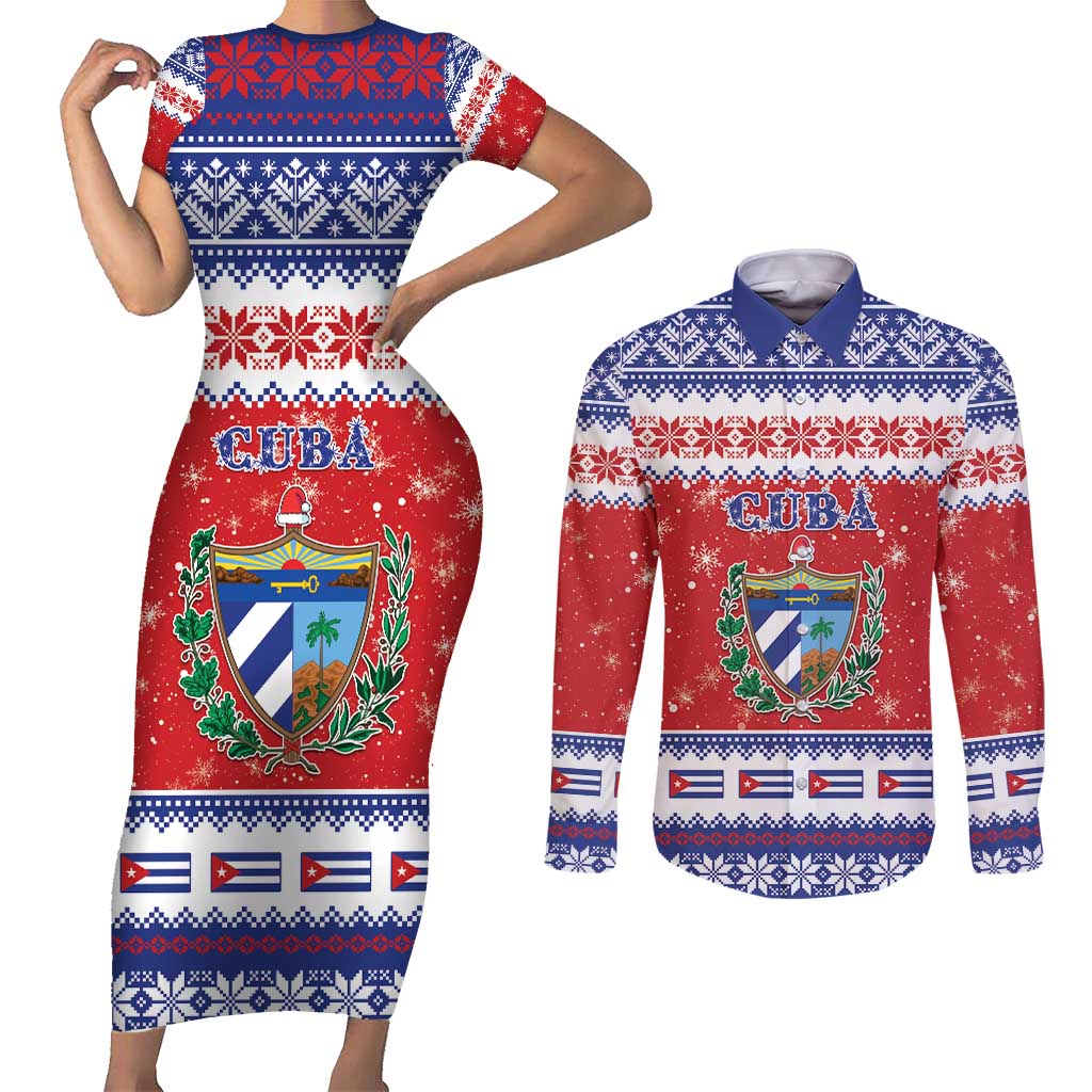 Personalized Cuba Christmas Couples Matching Short Sleeve Bodycon Dress and Long Sleeve Button Shirt Coat Of Arms Xmas Vibe - Wonder Print Shop
