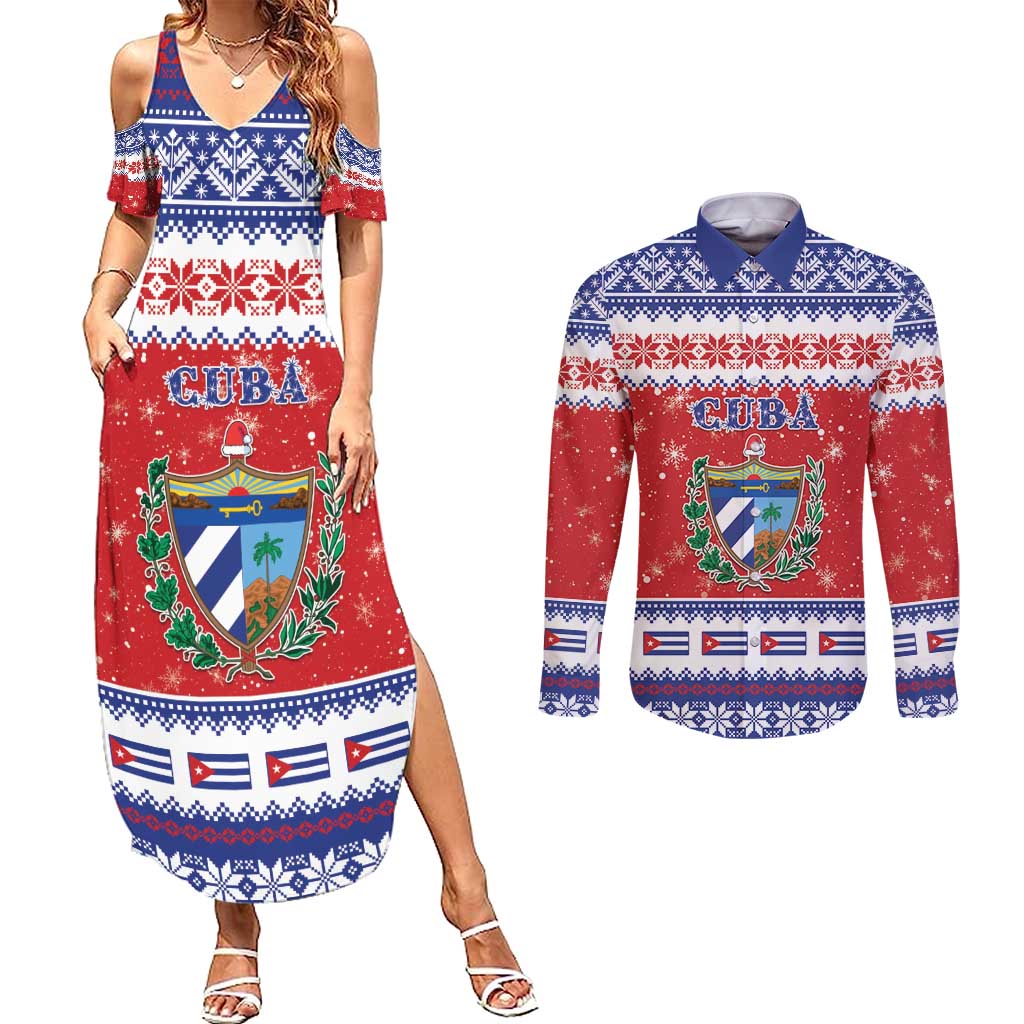 Personalized Cuba Christmas Couples Matching Summer Maxi Dress and Long Sleeve Button Shirt Coat Of Arms Xmas Vibe - Wonder Print Shop