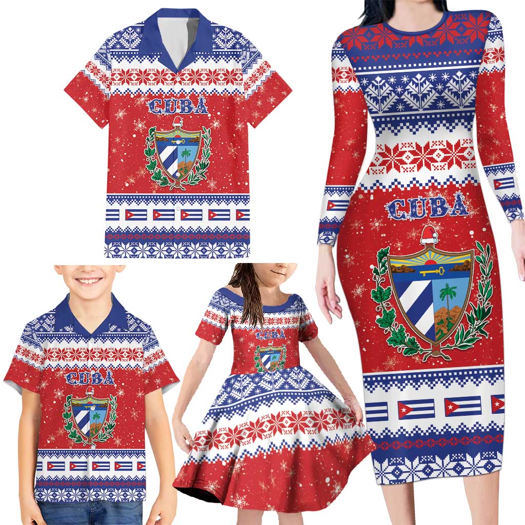 Personalized Cuba Christmas Family Matching Long Sleeve Bodycon Dress and Hawaiian Shirt Coat Of Arms Xmas Vibe - Wonder Print Shop
