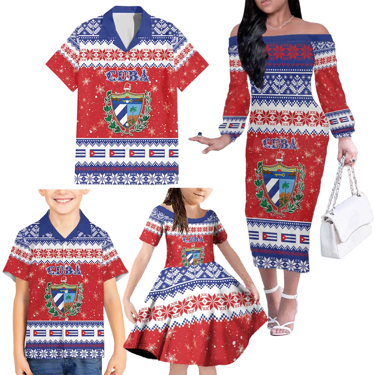 Personalized Cuba Christmas Family Matching Off The Shoulder Long Sleeve Dress and Hawaiian Shirt Coat Of Arms Xmas Vibe - Wonder Print Shop
