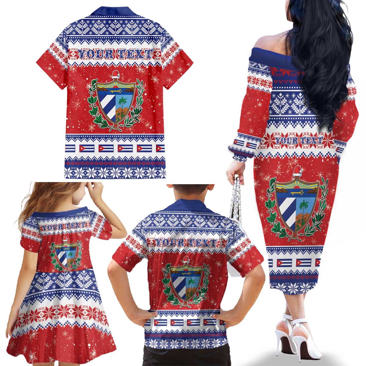 Personalized Cuba Christmas Family Matching Off The Shoulder Long Sleeve Dress and Hawaiian Shirt Coat Of Arms Xmas Vibe - Wonder Print Shop