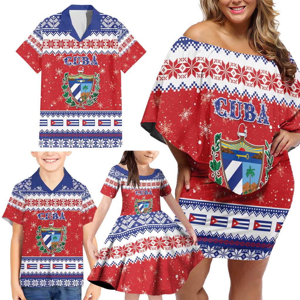 Personalized Cuba Christmas Family Matching Off Shoulder Short Dress and Hawaiian Shirt Coat Of Arms Xmas Vibe - Wonder Print Shop