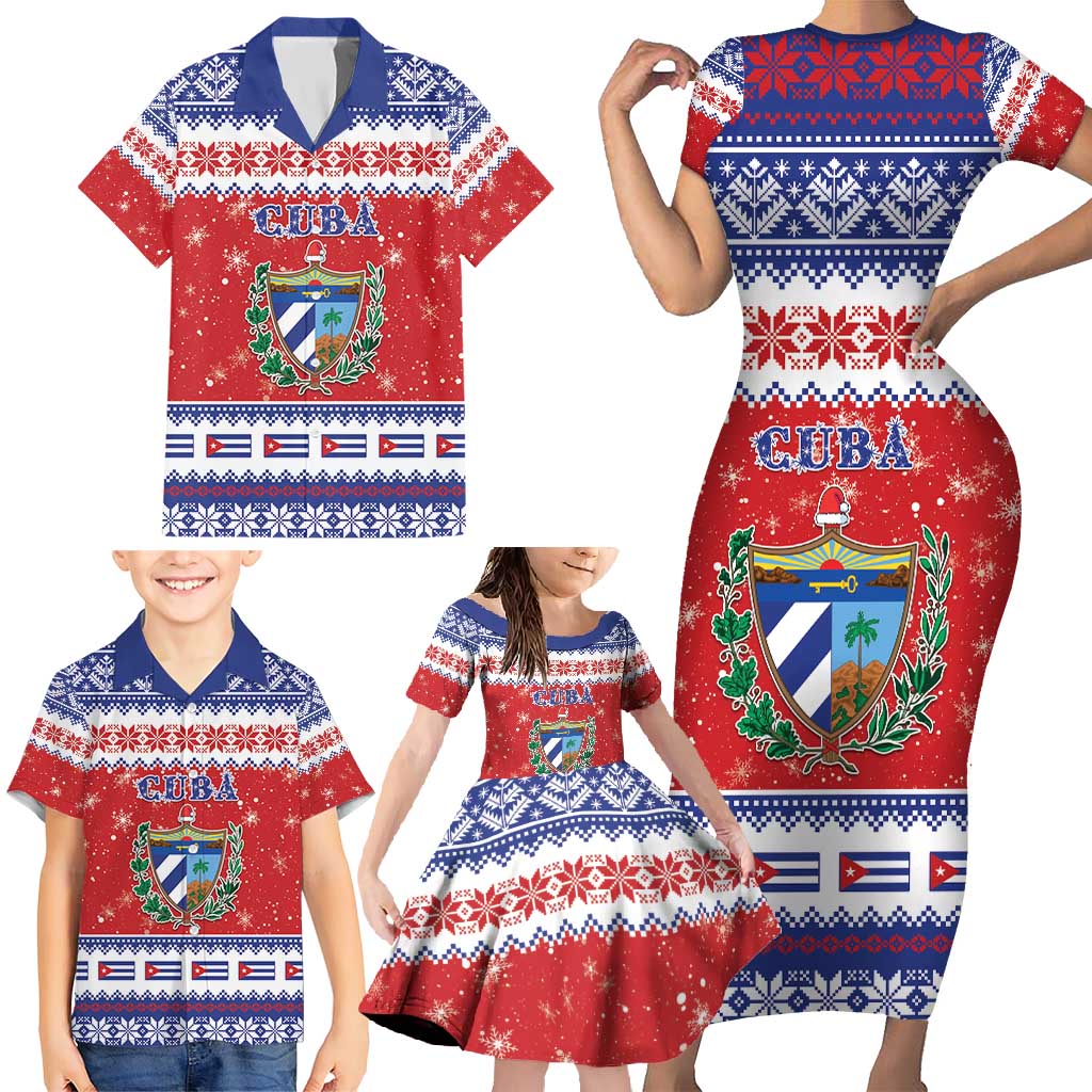 Personalized Cuba Christmas Family Matching Short Sleeve Bodycon Dress and Hawaiian Shirt Coat Of Arms Xmas Vibe - Wonder Print Shop