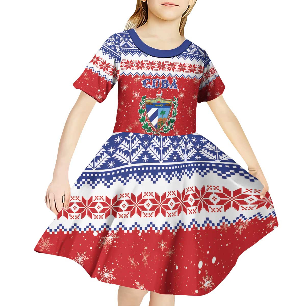 Personalized Cuba Christmas Kid Short Sleeve Dress Coat Of Arms Xmas Vibe - Wonder Print Shop