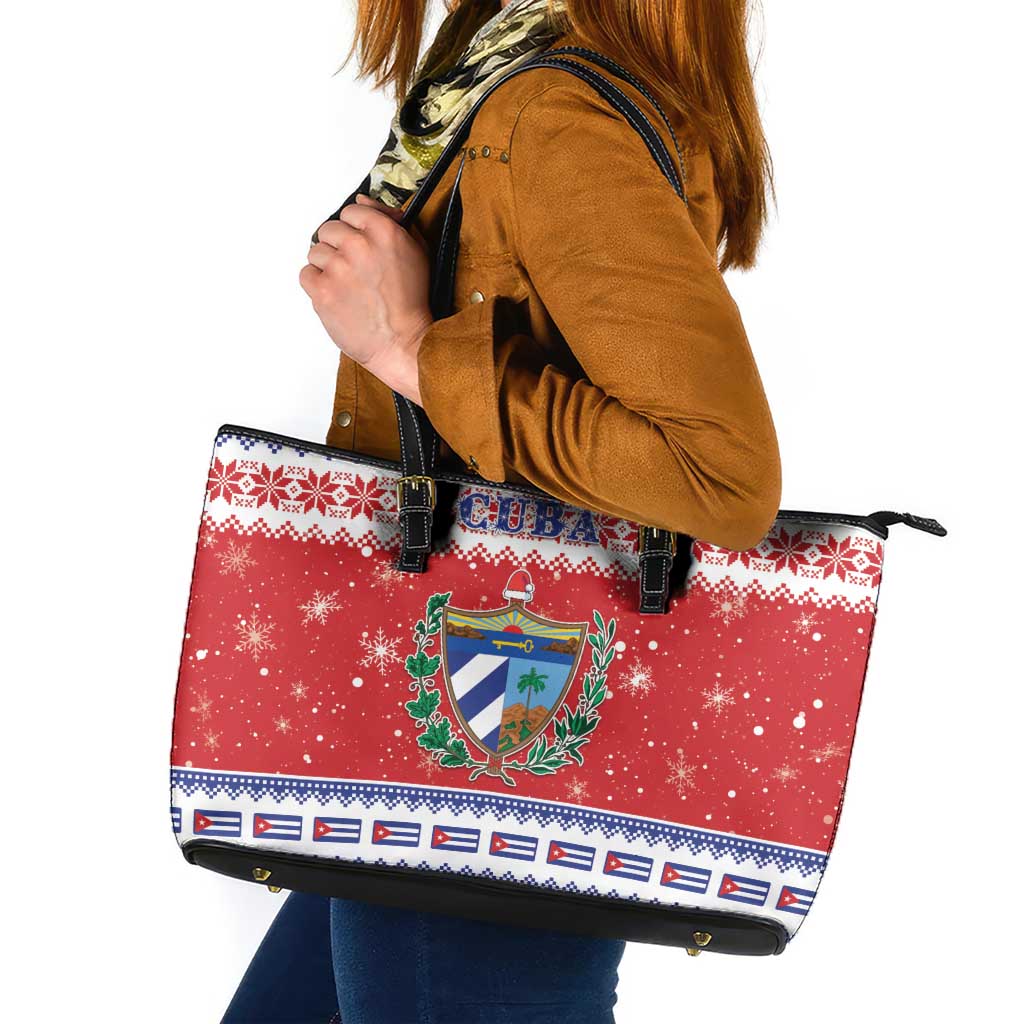 Cuba Christmas Leather Tote Bag Coat Of Arms Xmas Vibe - Wonder Print Shop