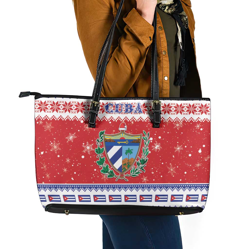 Cuba Christmas Leather Tote Bag Coat Of Arms Xmas Vibe - Wonder Print Shop
