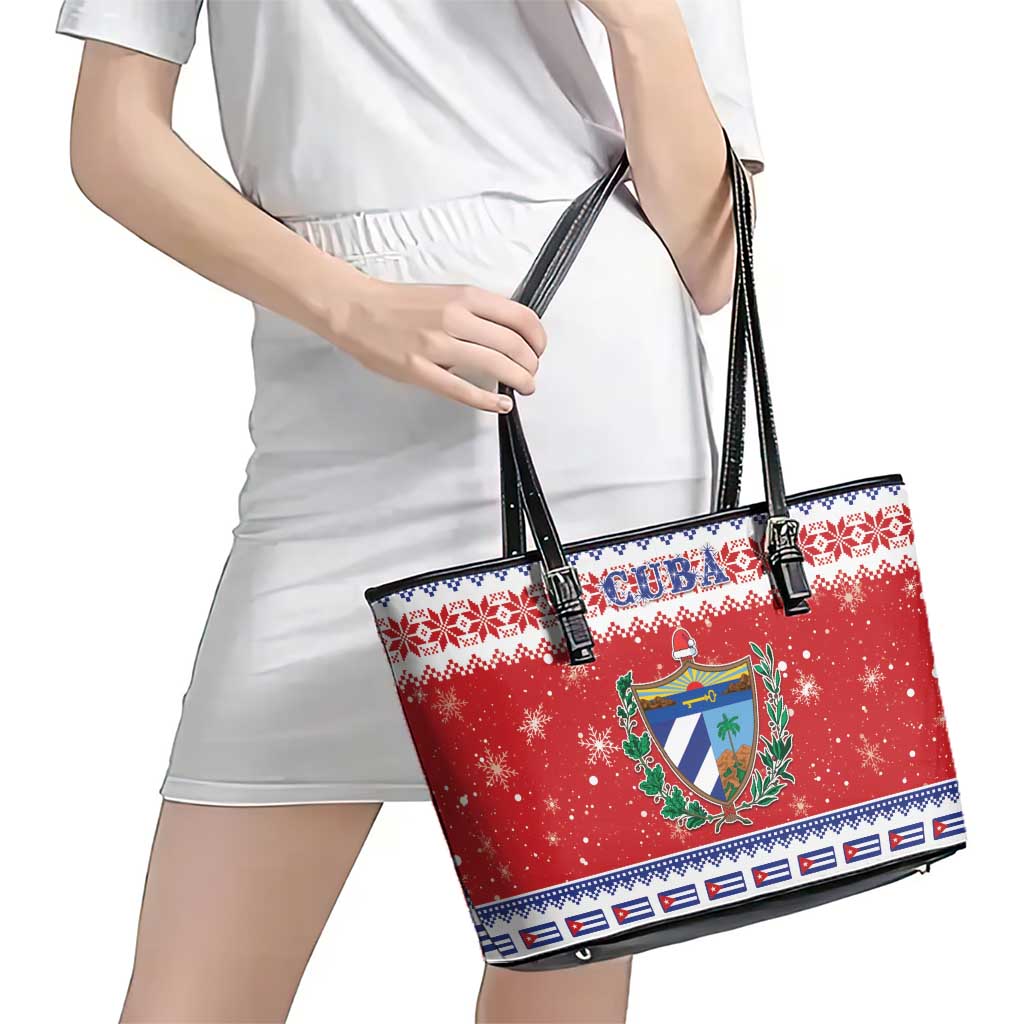 Cuba Christmas Leather Tote Bag Coat Of Arms Xmas Vibe - Wonder Print Shop