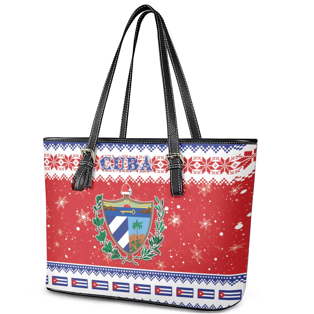 Cuba Christmas Leather Tote Bag Coat Of Arms Xmas Vibe - Wonder Print Shop
