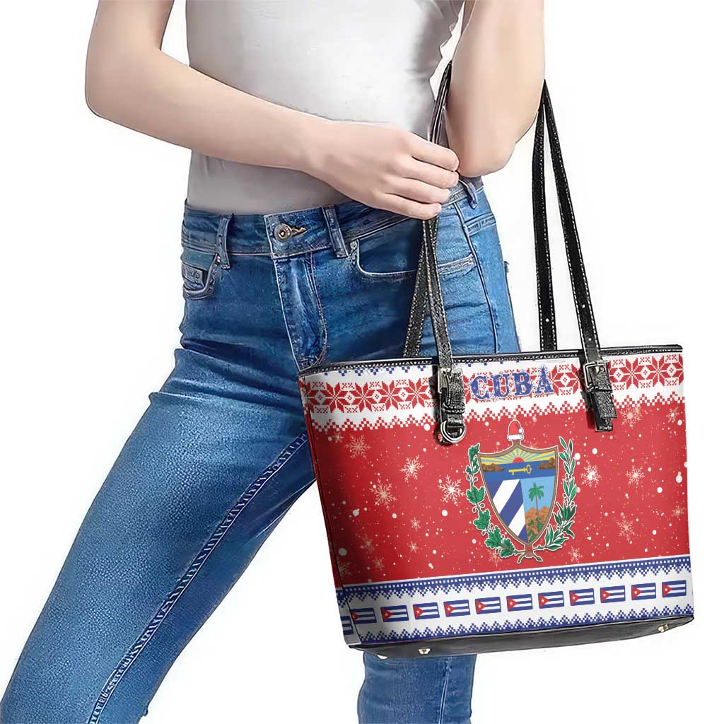 Cuba Christmas Leather Tote Bag Coat Of Arms Xmas Vibe - Wonder Print Shop