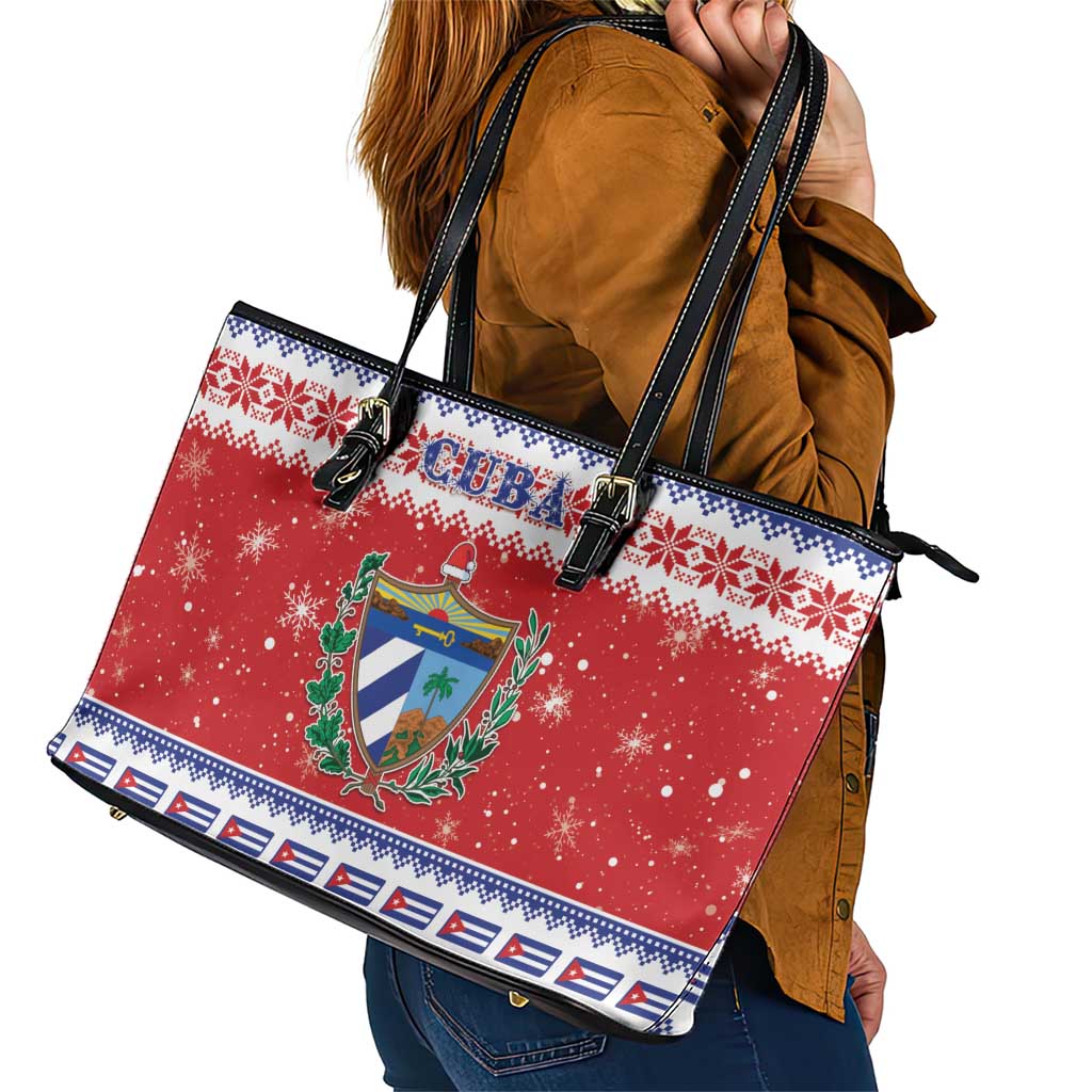 Cuba Christmas Leather Tote Bag Coat Of Arms Xmas Vibe - Wonder Print Shop