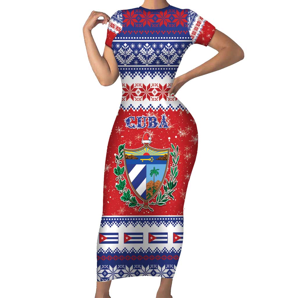 Personalized Cuba Christmas Short Sleeve Bodycon Dress Coat Of Arms Xmas Vibe - Wonder Print Shop