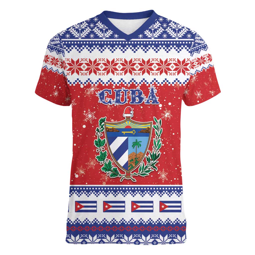 Personalized Cuba Christmas Women V-Neck T-Shirt Coat Of Arms Xmas Vibe - Wonder Print Shop