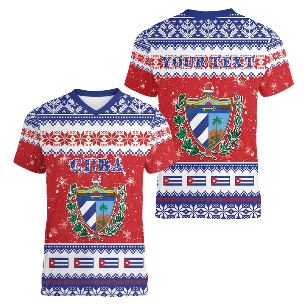 Personalized Cuba Christmas Women V-Neck T-Shirt Coat Of Arms Xmas Vibe - Wonder Print Shop