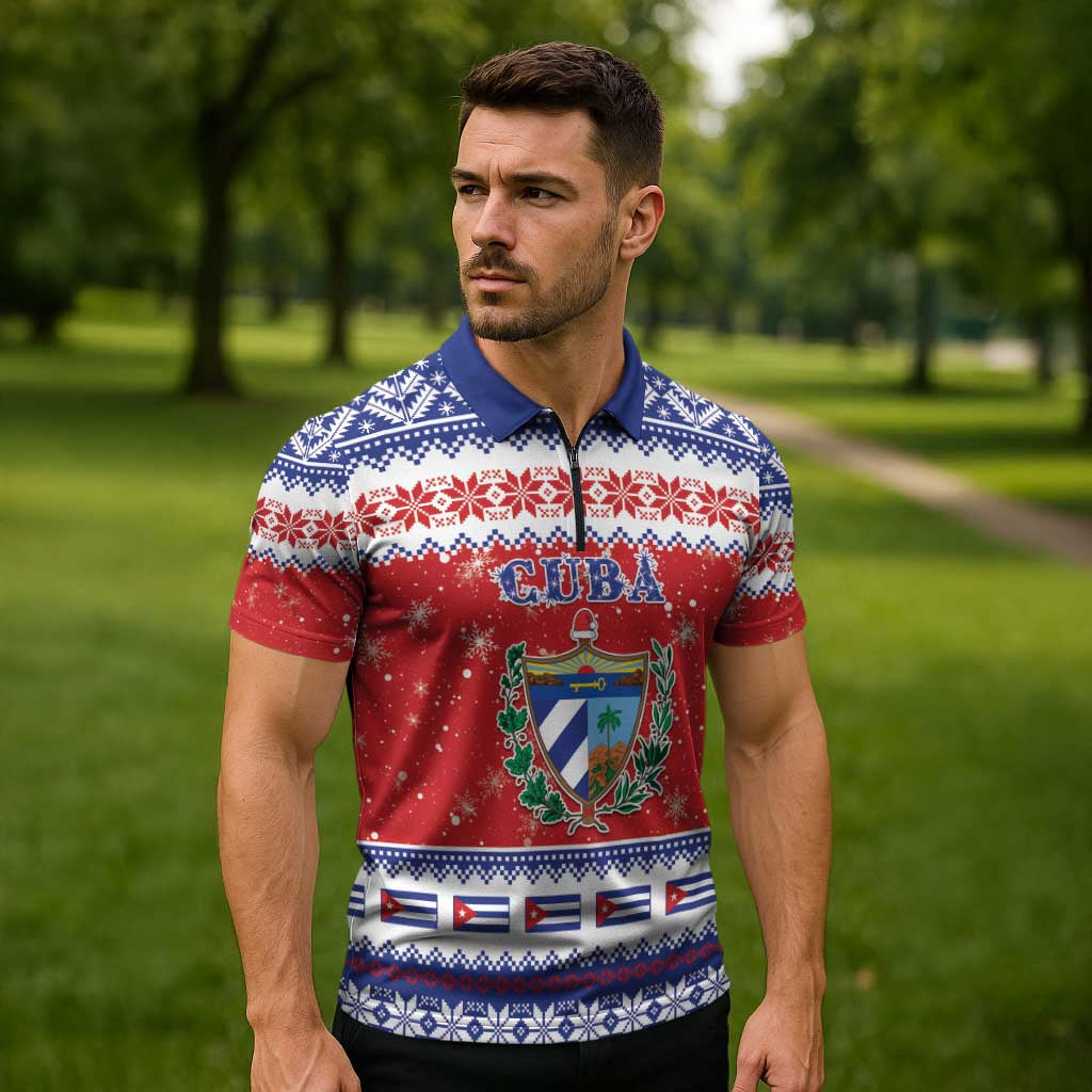 Personalized Cuba Christmas Zipper Polo Shirt Coat Of Arms Xmas Vibe - Wonder Print Shop