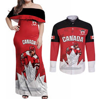 Custom Canada Hockey Couples Matching Off Shoulder Maxi Dress and Long Sleeve Button Shirt Maple Leaves Sporty Style