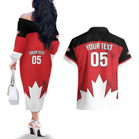 Custom Canada Hockey Couples Matching Off The Shoulder Long Sleeve Dress and Hawaiian Shirt Maple Leaves Sporty Style