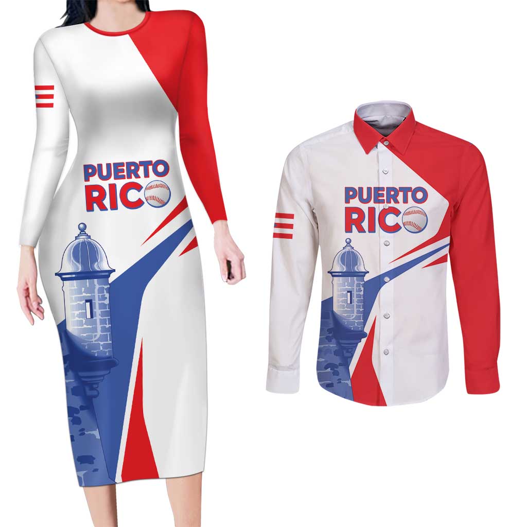 Puerto Rico Baseball Custom Couples Matching Long Sleeve Bodycon Dress and Long Sleeve Button Shirt El Morro Sporty Style