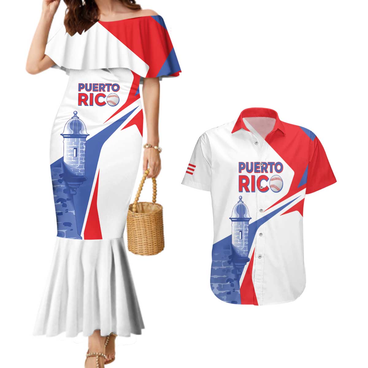 Puerto Rico Baseball Custom Couples Matching Mermaid Dress and Hawaiian Shirt El Morro Sporty Style