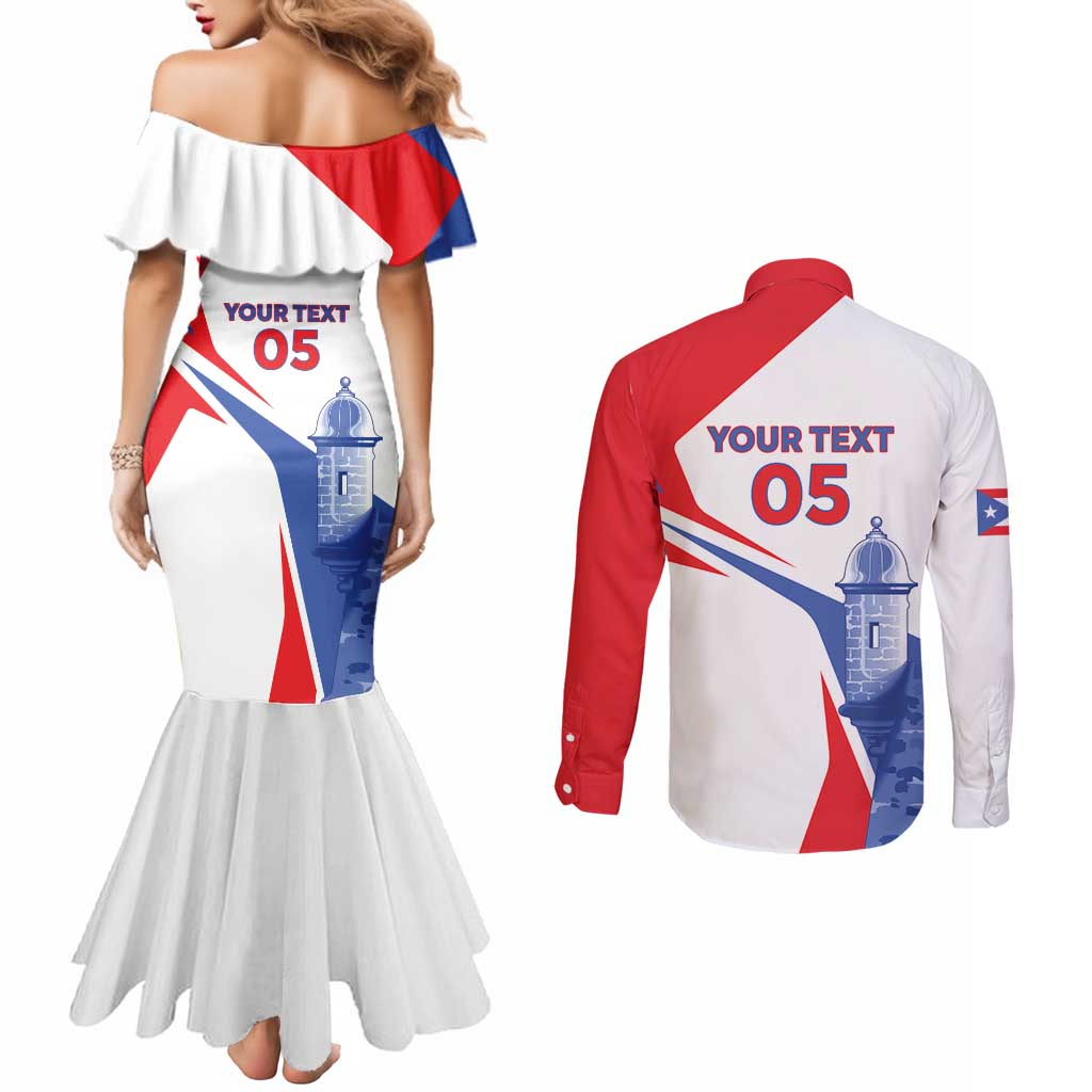 Puerto Rico Baseball Custom Couples Matching Mermaid Dress and Long Sleeve Button Shirt El Morro Sporty Style