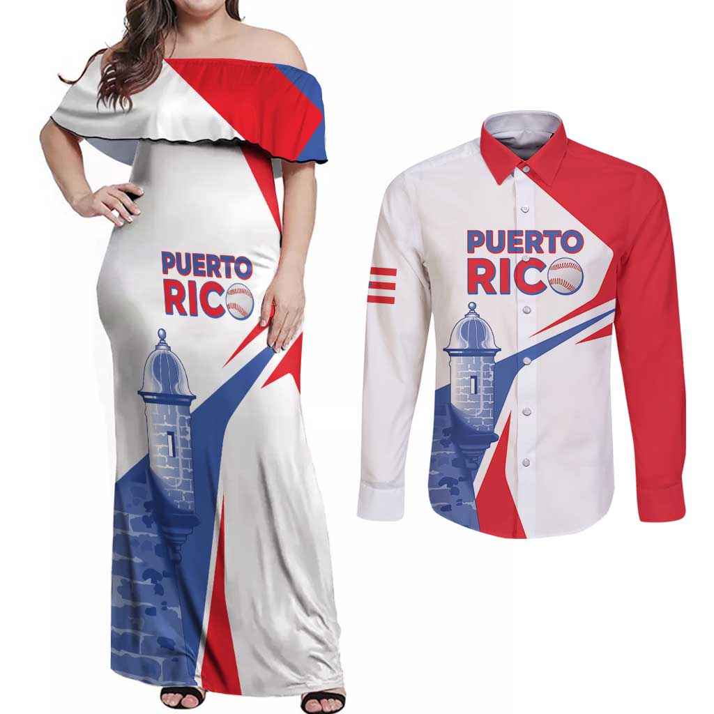 Puerto Rico Baseball Custom Couples Matching Off Shoulder Maxi Dress and Long Sleeve Button Shirt El Morro Sporty Style