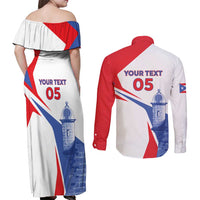 Puerto Rico Baseball Custom Couples Matching Off Shoulder Maxi Dress and Long Sleeve Button Shirt El Morro Sporty Style