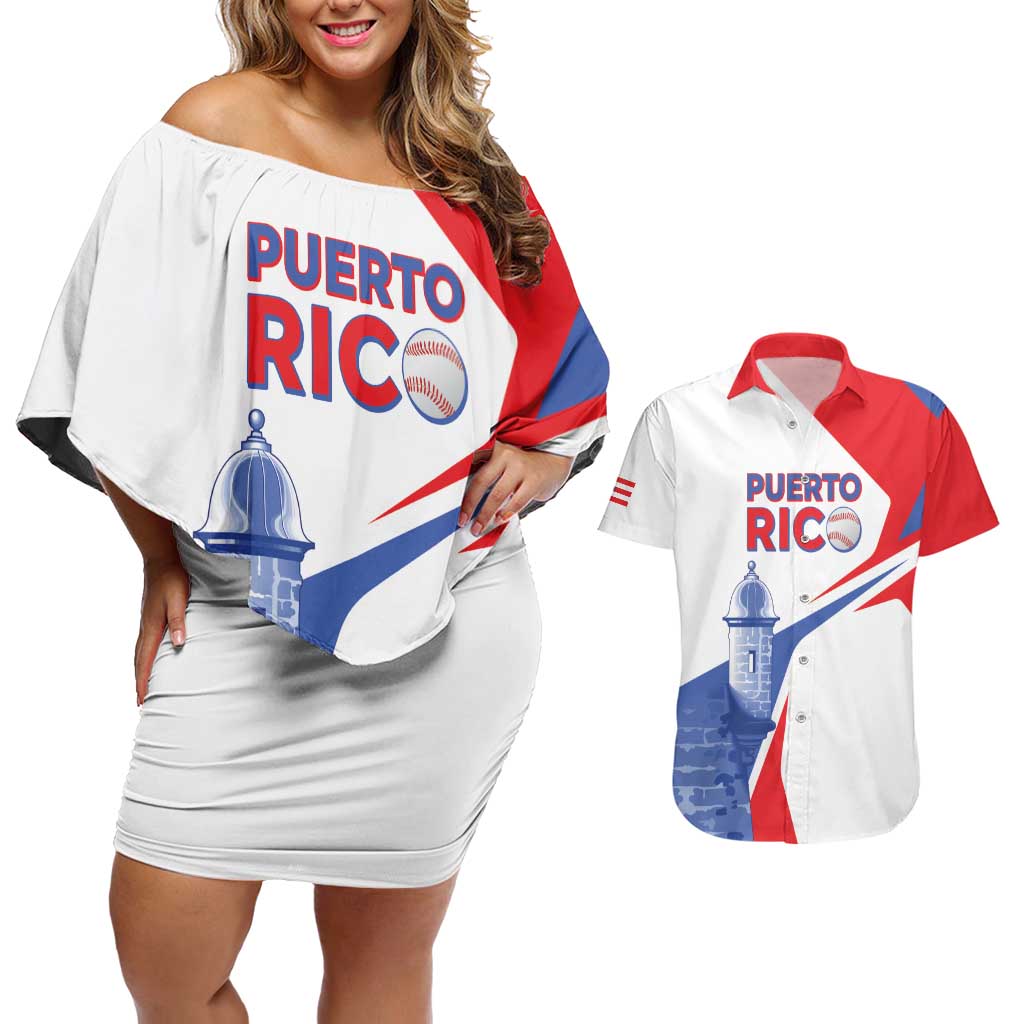 Puerto Rico Baseball Custom Couples Matching Off Shoulder Short Dress and Hawaiian Shirt El Morro Sporty Style