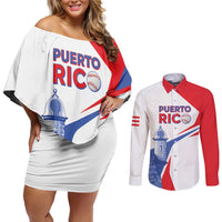 Puerto Rico Baseball Custom Couples Matching Off Shoulder Short Dress and Long Sleeve Button Shirt El Morro Sporty Style