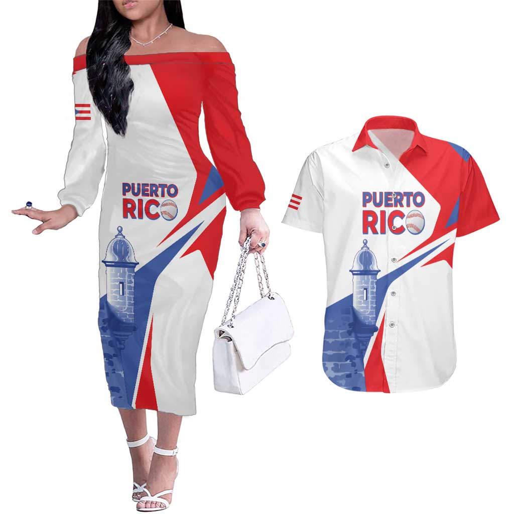 Puerto Rico Baseball Custom Couples Matching Off The Shoulder Long Sleeve Dress and Hawaiian Shirt El Morro Sporty Style